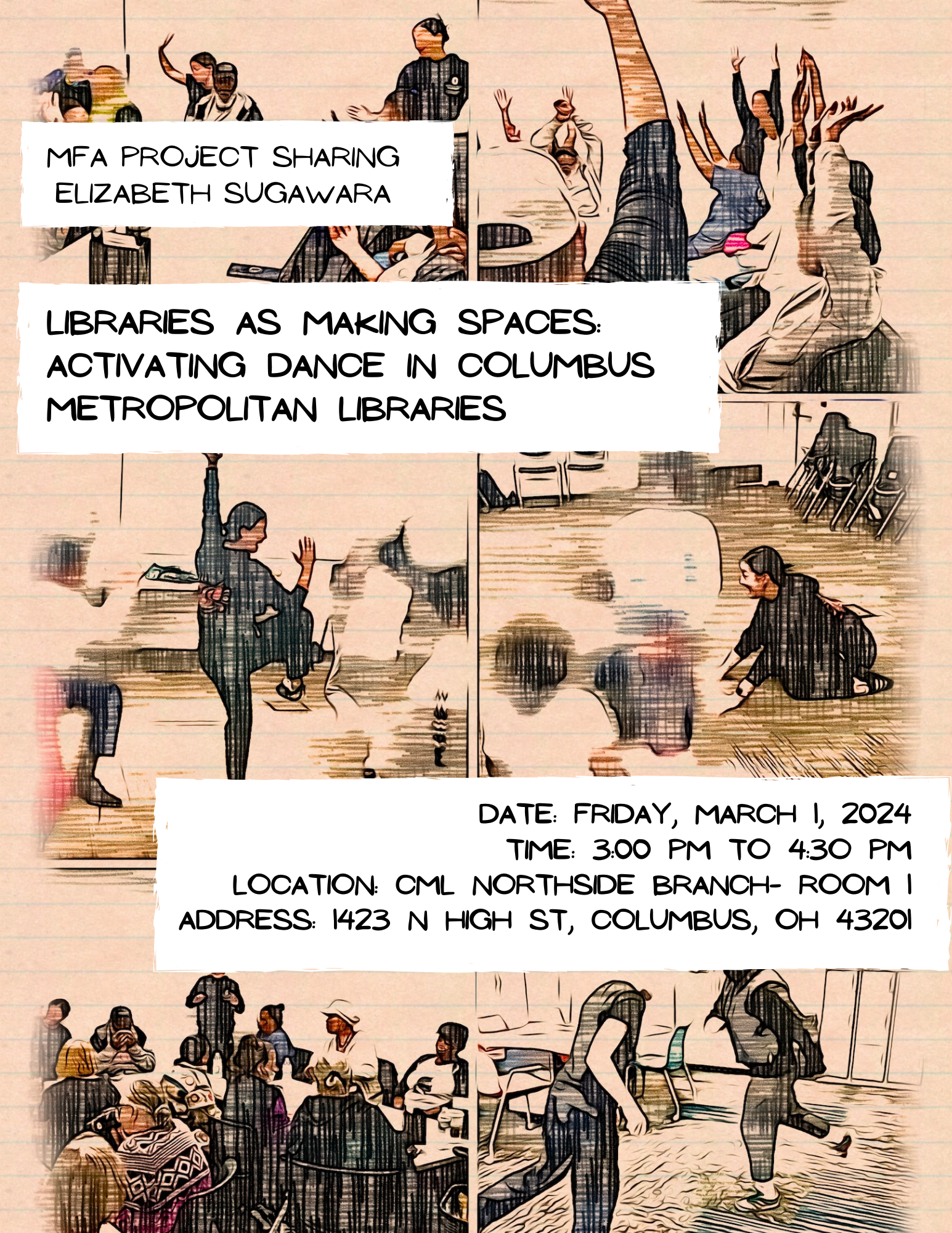 Cartoon drawings of a dancer in a library