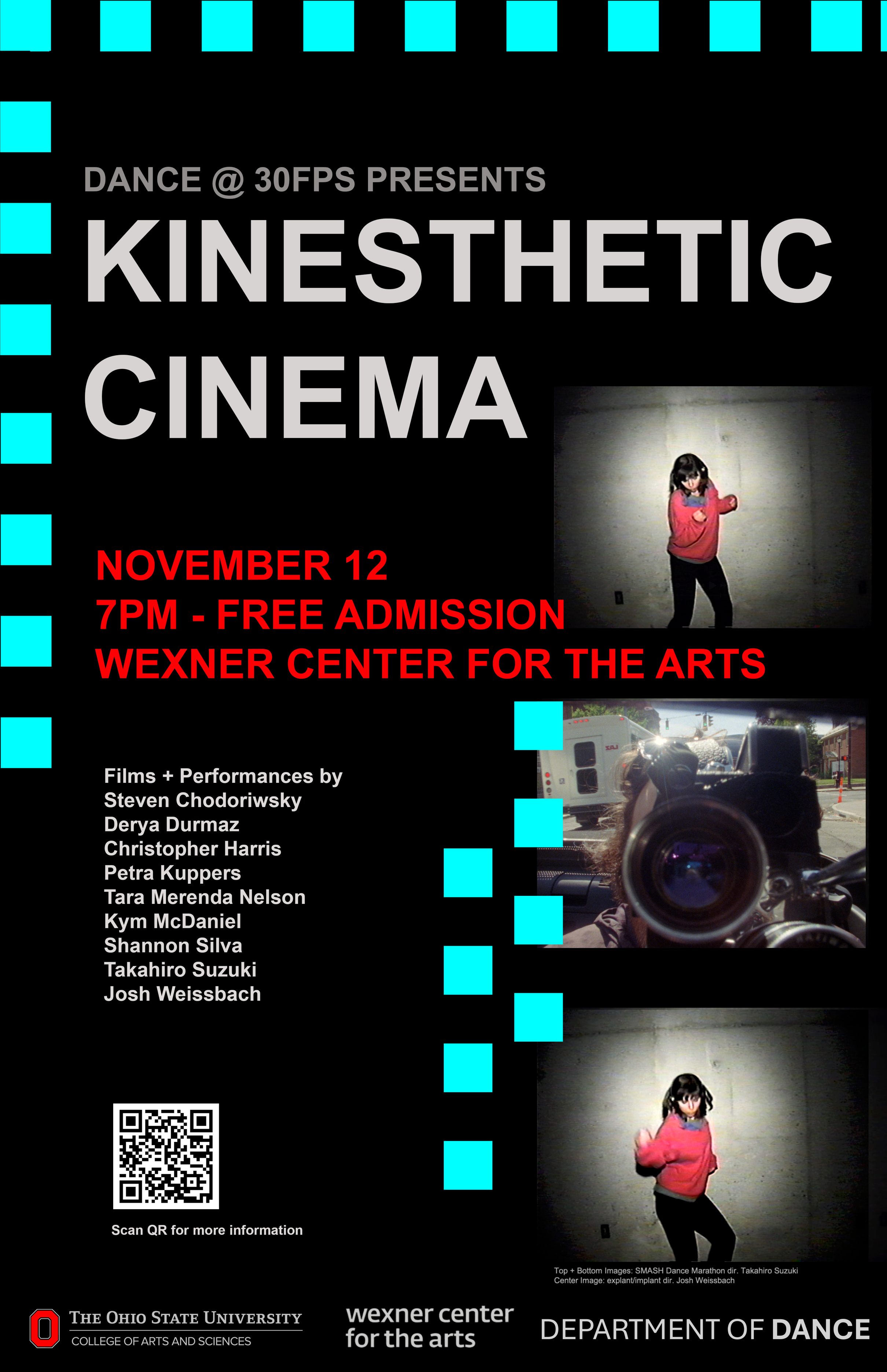 Graphic text with photos of dancers and someone using a camera
