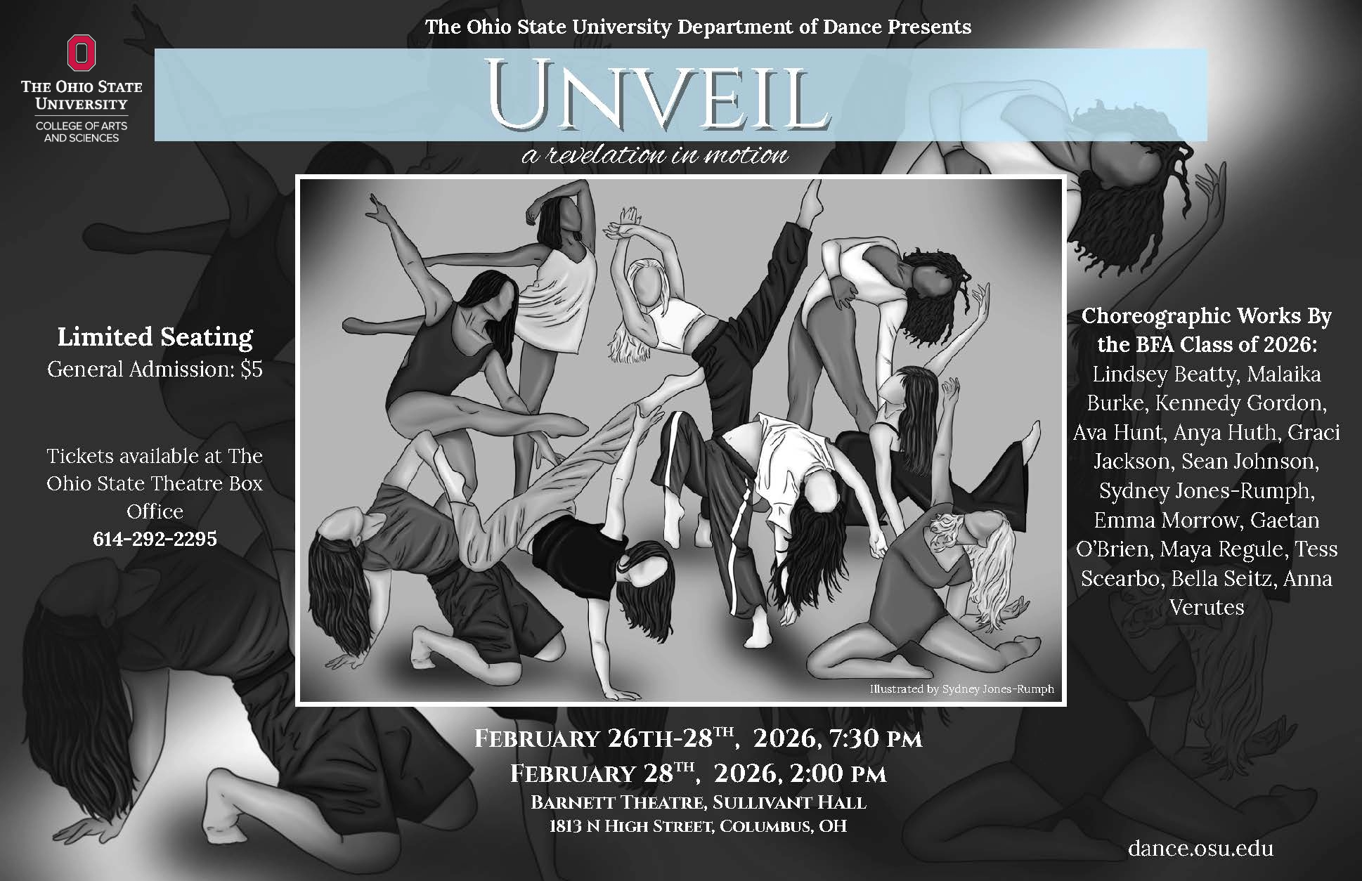 grayscale illustration of a group of dancers in motion with text