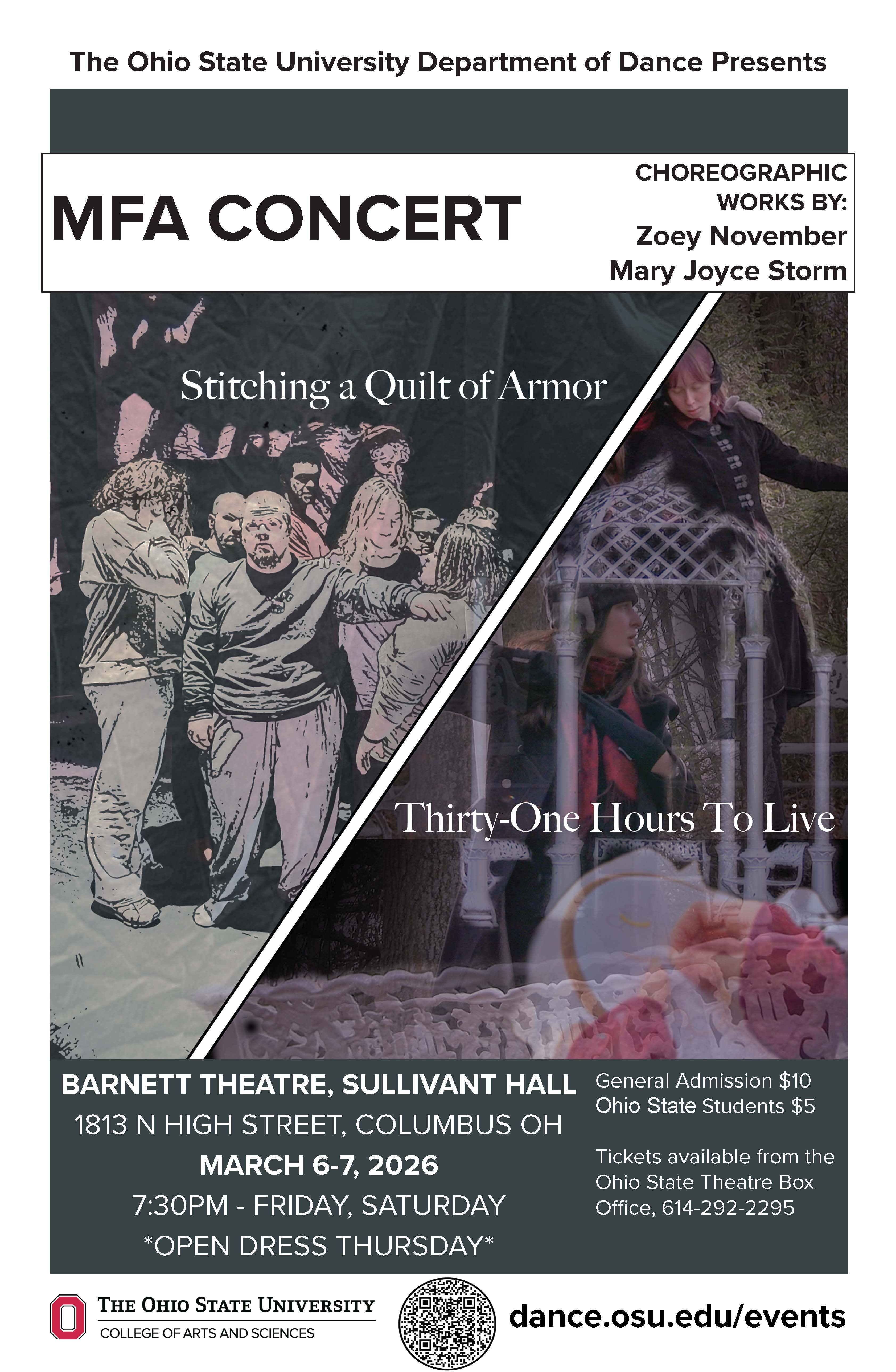 Collage illustration of dancers on a stage and outside with text