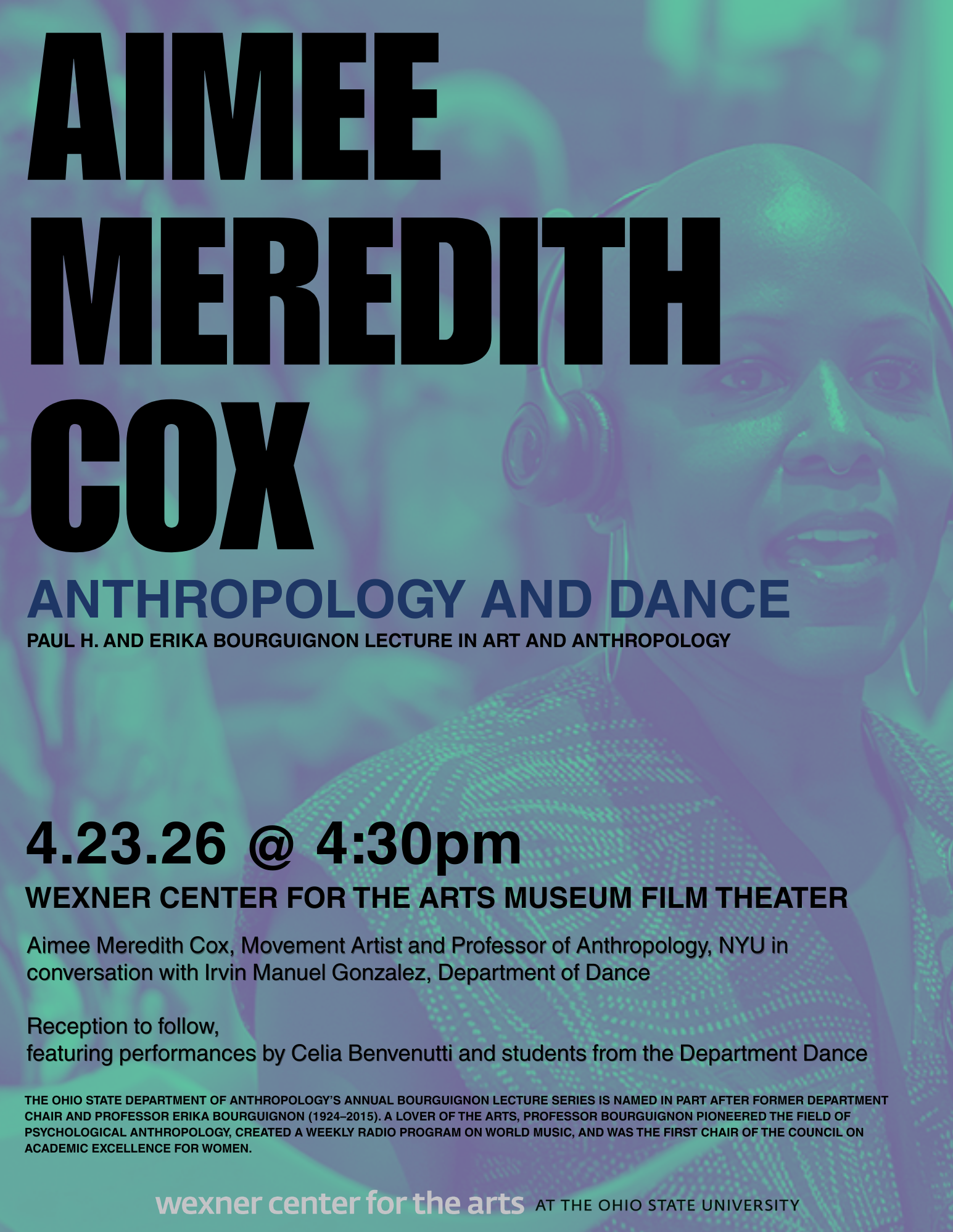 a blue tinted photo with words of a bald black woman wearing a headphone and microphone headset and talking 