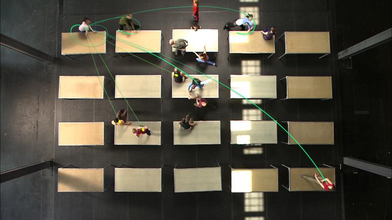 Still from annotated video illustrating the complex system of cueing in One Flat Thing, reproduced. Credit: Synchronous Objects Project, The Ohio State University and The Forsythe Company.