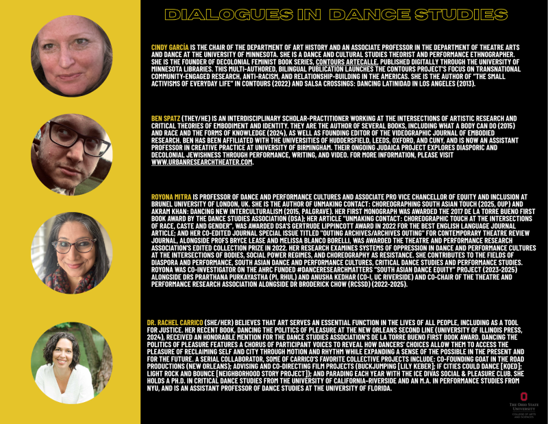 Graphic text with headshot of people