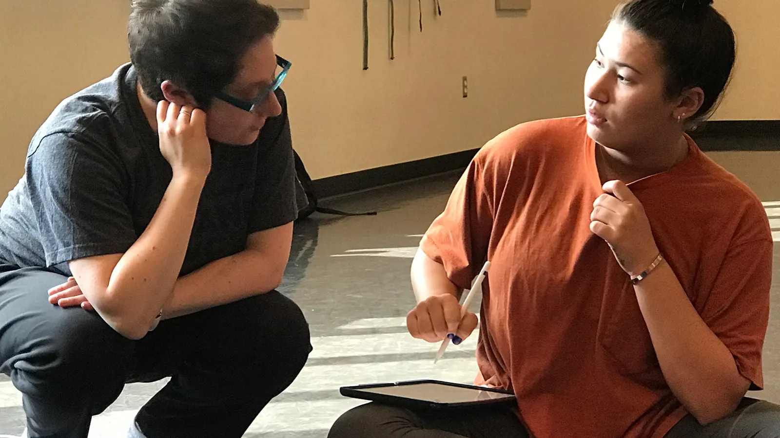Hannah Kosstrin teaching BFA Dance Major Kiki Abiega utilizing the app. 