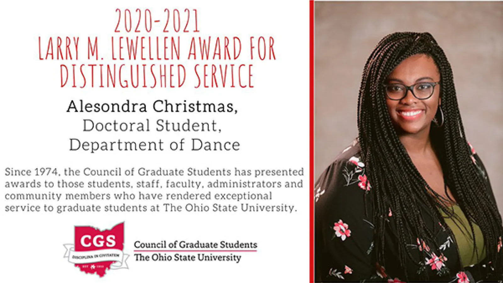 Ph.D. Student Alex Christmas wins Larry M. Lewellen Award for Distinguished Service. 