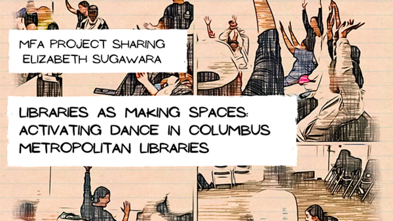 Cartoon drawings of a dancer in a library