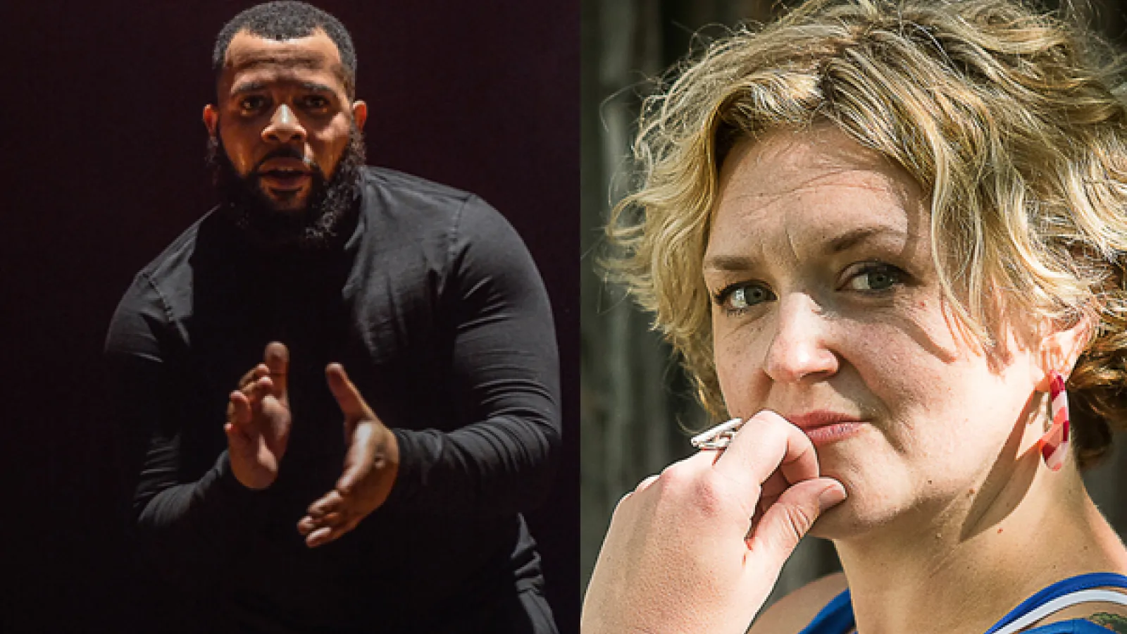 Black male dancer in black shirt on left and white woman with short blonde hair on right