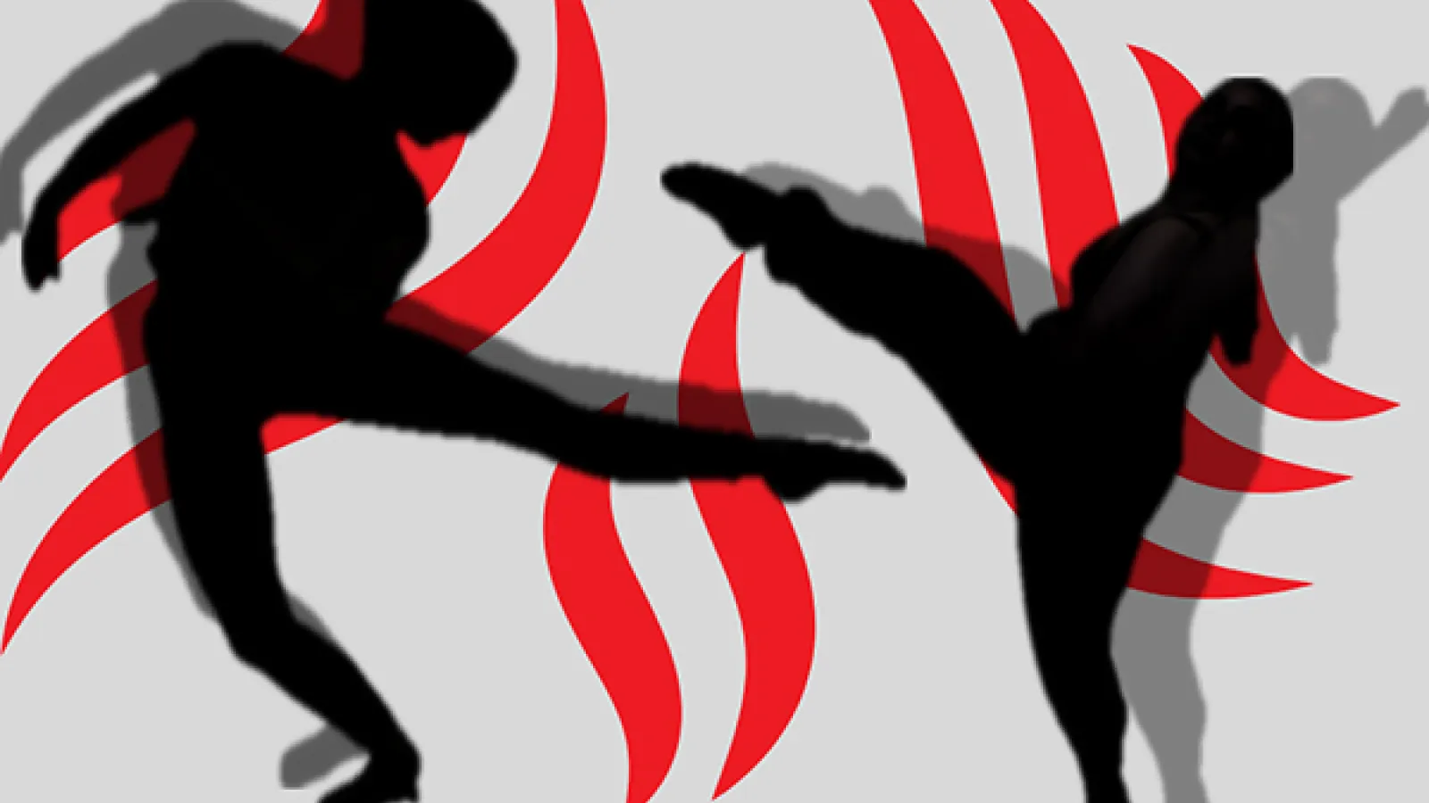 Black silhouettes of dancers in front of curved red lines