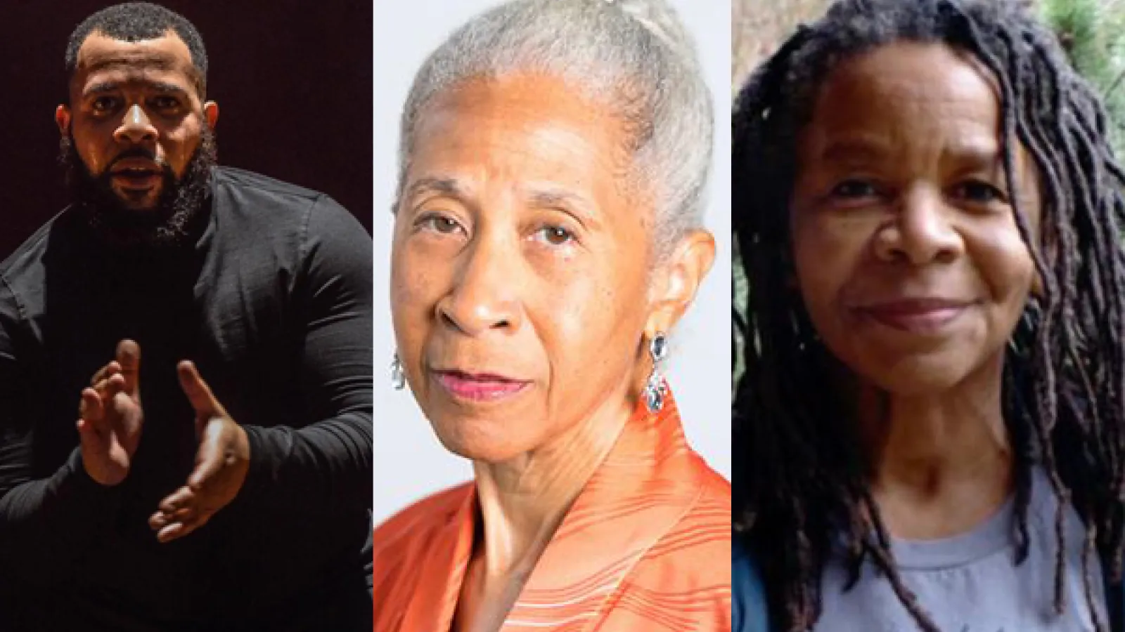 a person with short black hair, a person with gray hair in a bun, and a person with long black hair