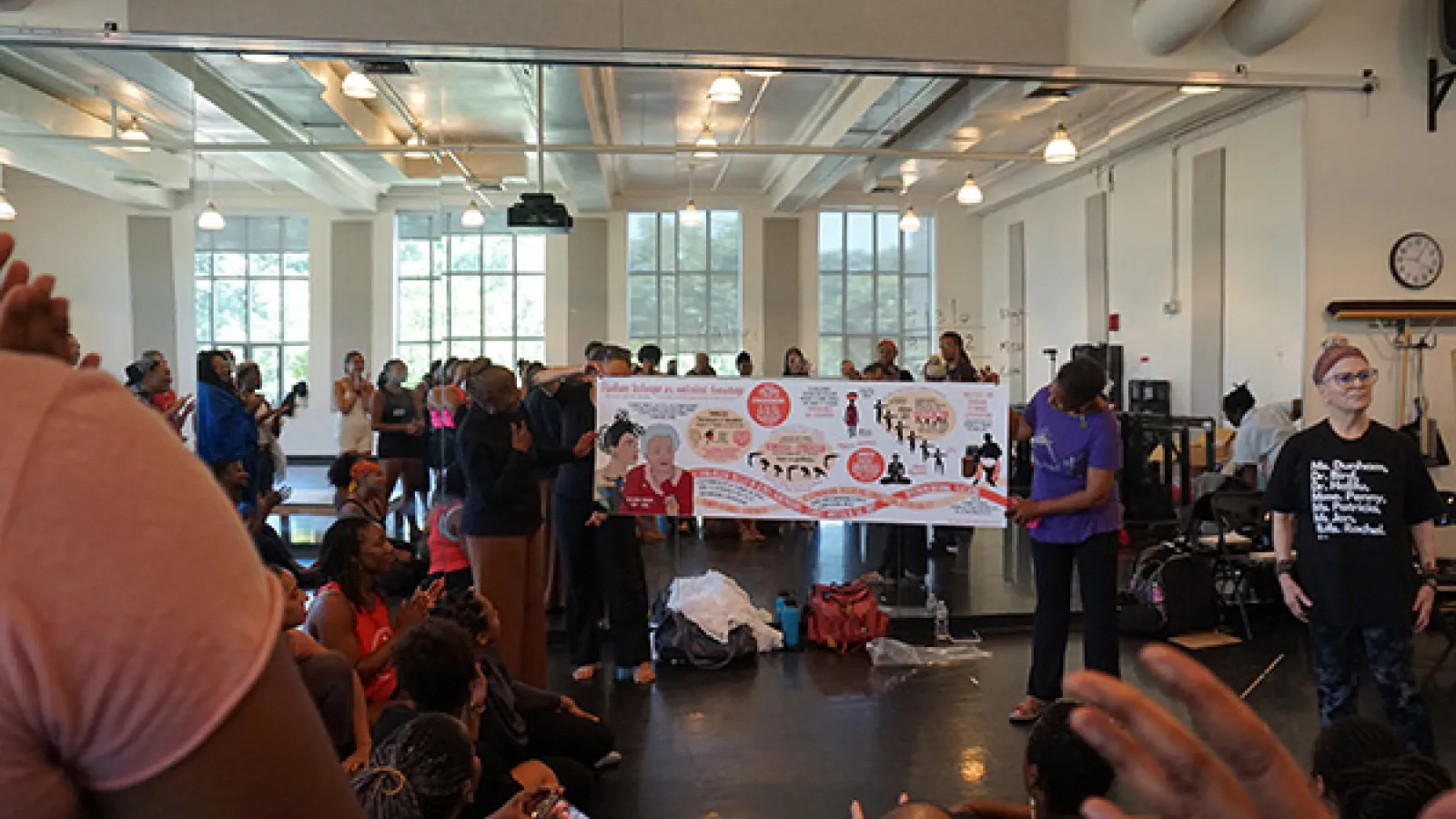 People looking at a banner