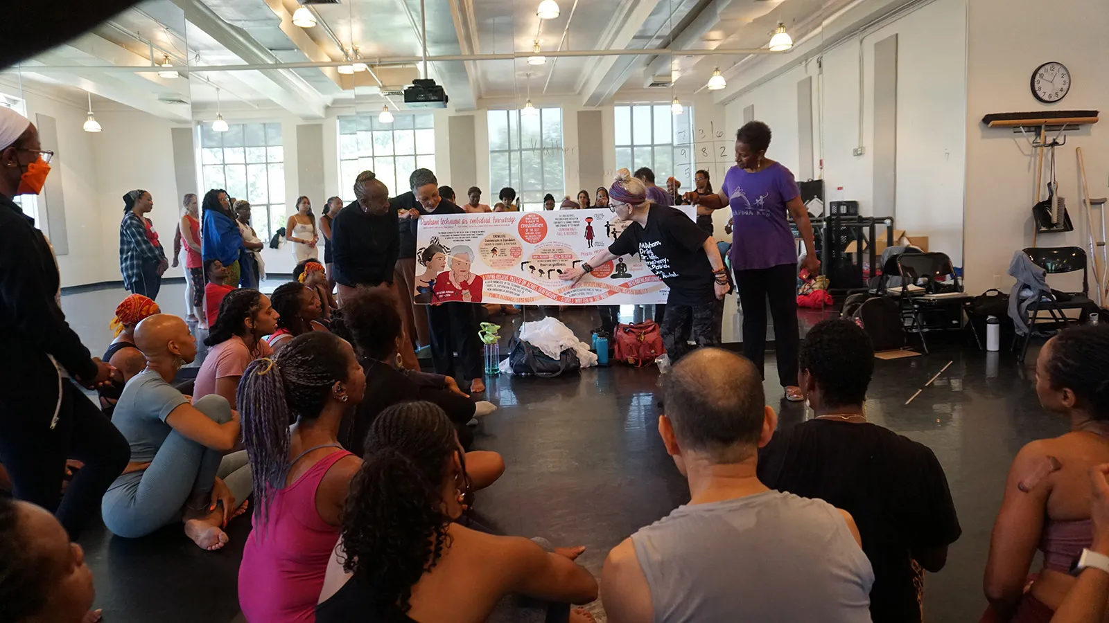 Dancers looking at a large banner