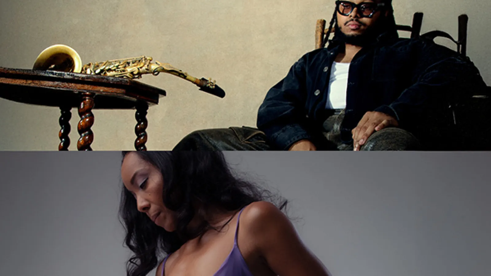 A split photo of a man sitting next to a saxophone on top and a womon looking down on the bottom