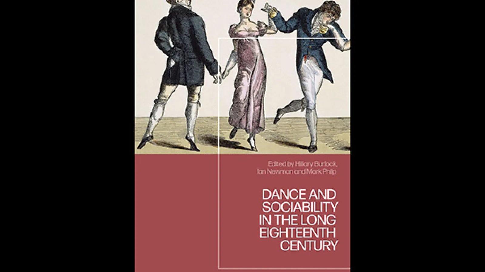 a book cover with a woman dancing between two men wearing 18th century clothing
