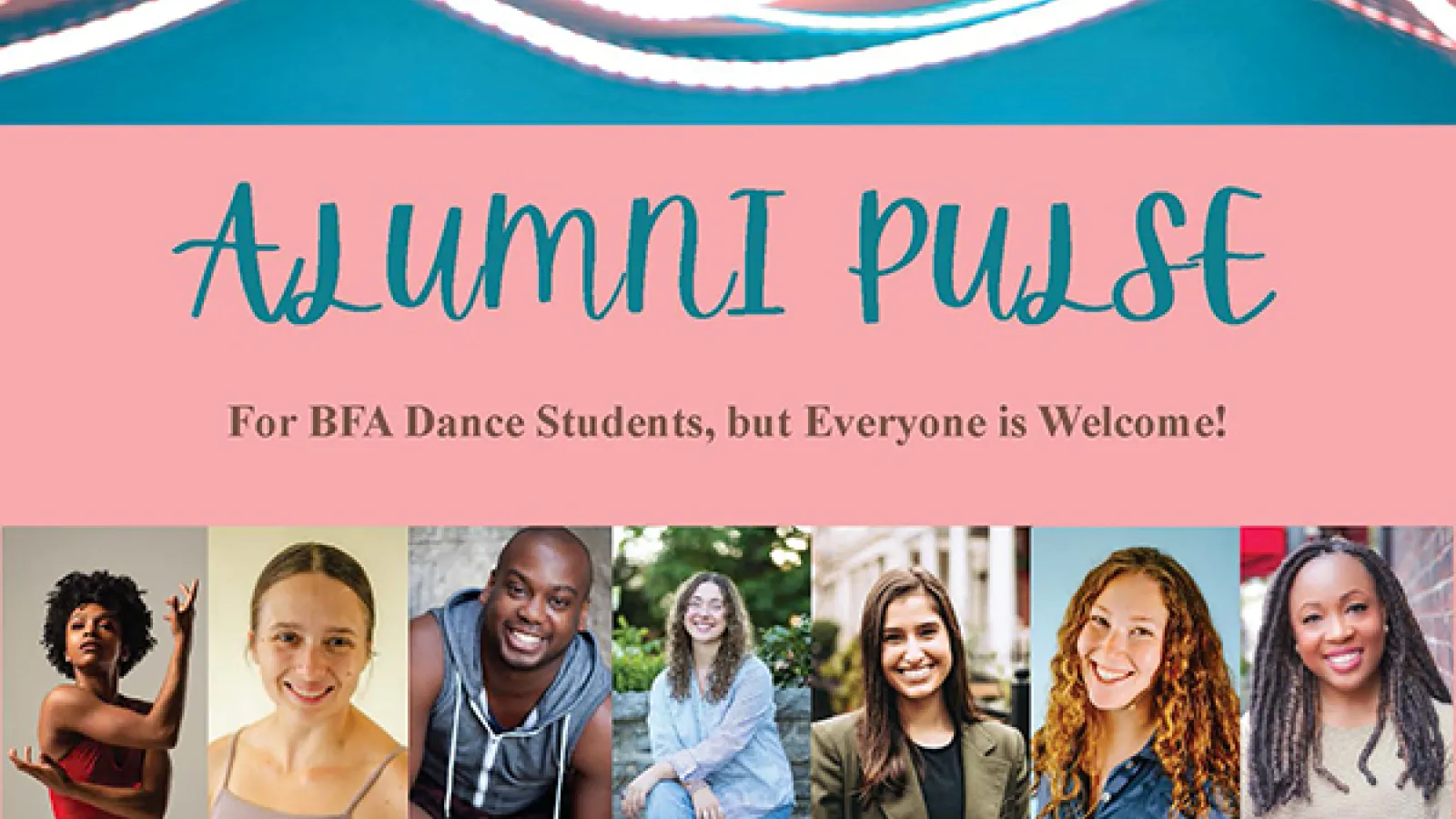 Seven resume photos of dancers with graphic text