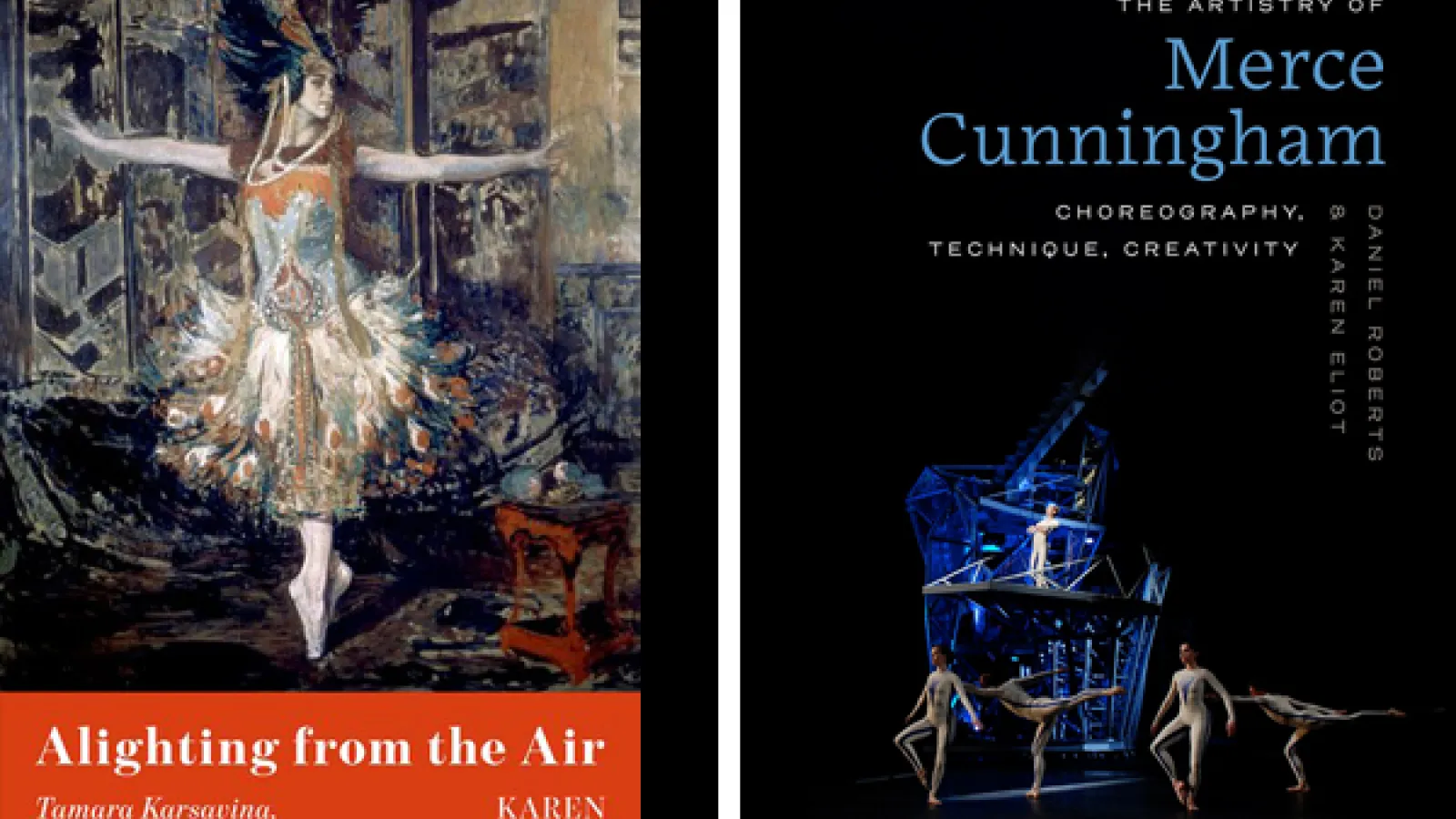 Two book covers, one with a painting of a ballet dancer and the other a photo of dancers wearing white costumes on a stage