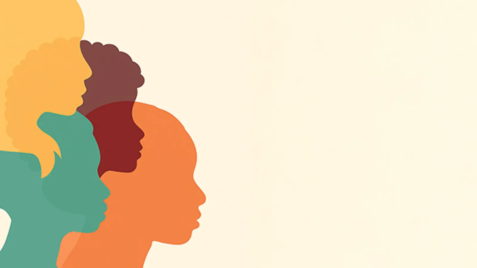 A graphic of profile images of four multi-colored heads on the left looking right