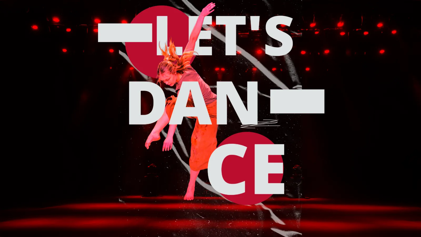 Graphic text with photo of dancer leaping with theatrically lit red background