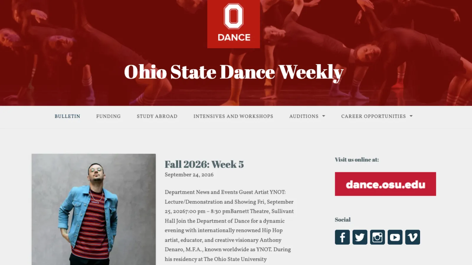Graphic image, red banner with dancers in the background and a square picture of a man