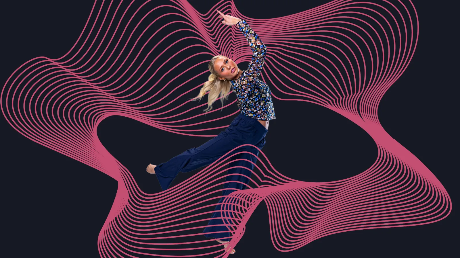 Graphic art with swirling purple lines over black background with dancer in the middle