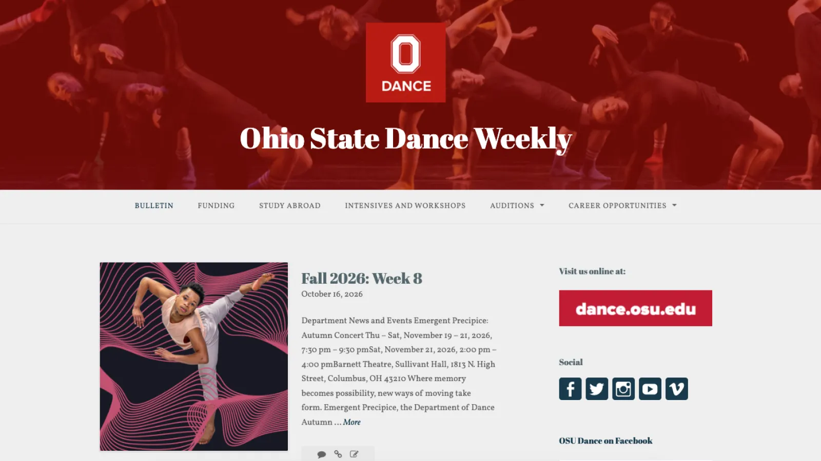Graphic image with square photo of a dancer with one leg lifted