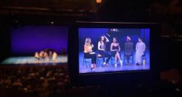 Jacob’s Pillow scholar-in-residence, Janet Schroeder, in conversation with Michelle Dorrance, Hannah Heller, Josette Wiggan-Freund and Melinda Sullivan on stage in the Ted Shawn Theatre after a performance by Dorrance Dance. Photo credit: Amber Schmiesin