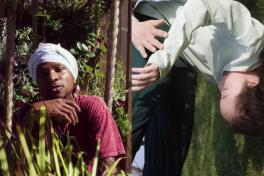a split photo with a person kneeling in the grass and a dancer performing
