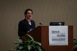 DSA Conference Chair and Assistant Professor Hannah Kosstrin welcomes guests at the opening reception. Photo by Jess Cavender. DSA Conference Chair and Assistant Professor Hannah Kosstrin welcomes guests at the opening reception. Photo by Jess Cavender.