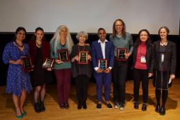 (L to R): Royona Mitra, Kate Elswit, Ann Cooper Albright, Lynn Garafola, Kareem Khubchandani and Thomas Defrantz are honored by Kin-Yan Szeto and Rebekah Kowal at the awards luncheon. Photo by Jess Cavender. 