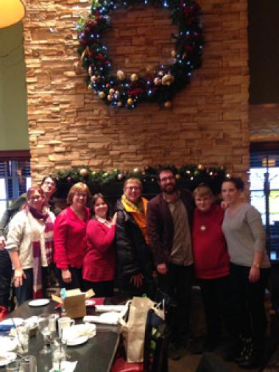 Department of Dance staffers with Chair Susan Van Pelt Petry: (l-r) Toby Kaufmann-Buhler, Carrie Cox, Dori Jenks, Amy Schmidt, Susan Petry, Elijah Palnik, Susan Chess, Lindsay Simon. Not pictured: Deb Singer.