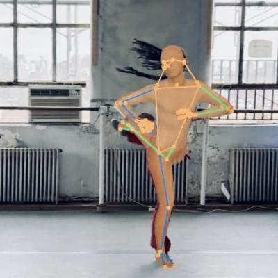 an image of an avatar of a dancer with dots and lines indicating movement points in a studio