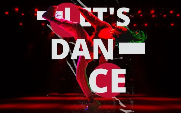 Graphic text with a dancer on a theatrically lit stage 