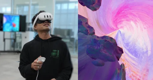 A person wearing a virtual reality headset next to digital art