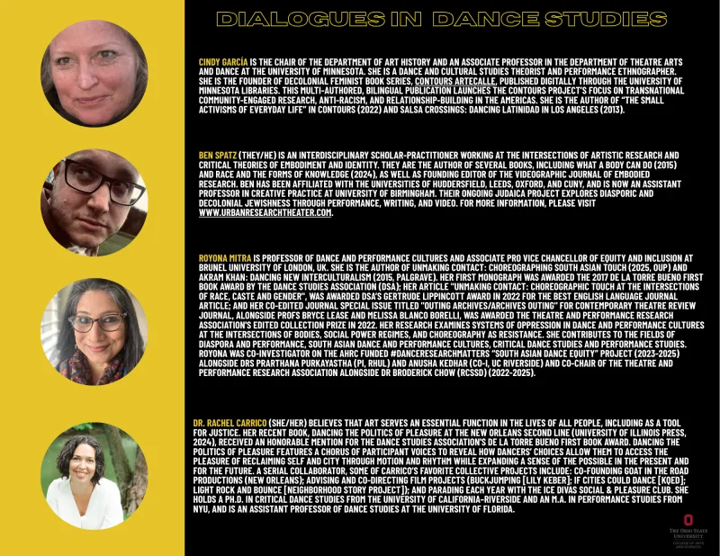 Graphic text with headshot of people
