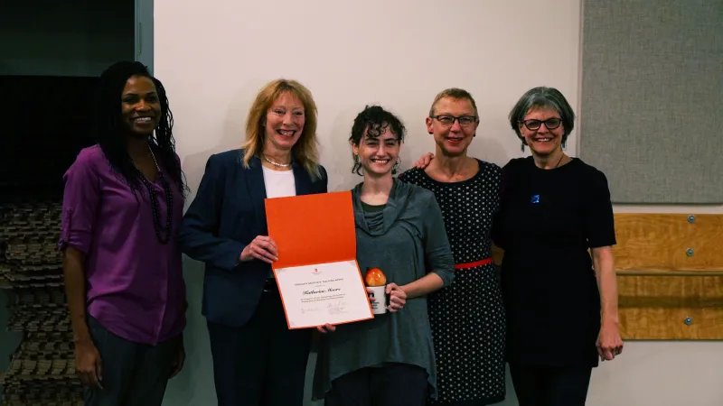 Director of Fellowship Services Theresa Hazelwood, Dean Alicia L. Bertone, Katherine Moore, Dance Director of Graduate Studies Susan Van Pelt Petry, and Department of Dance Chair Susan Hadley