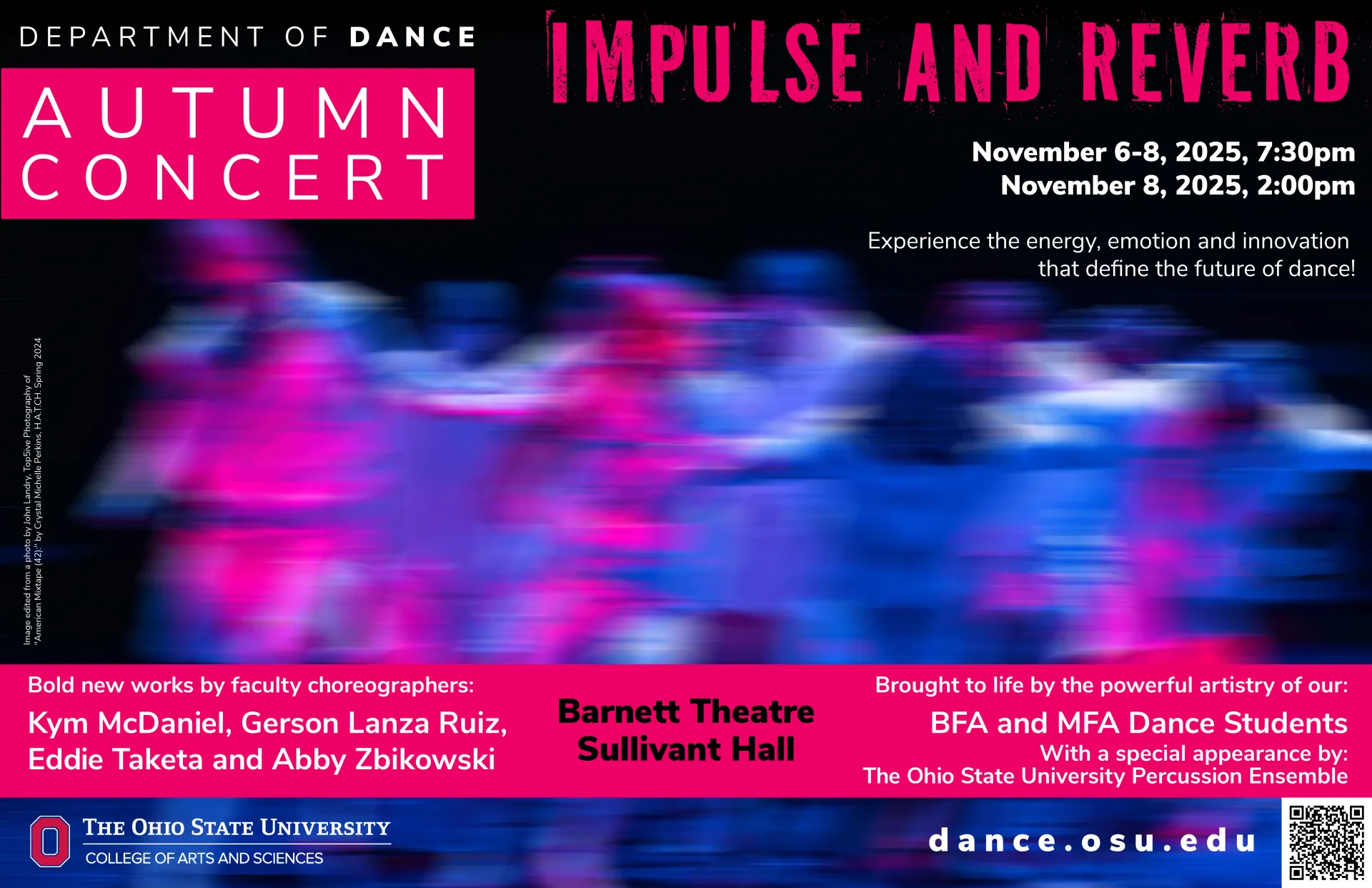 Blurred image of dancers performing on a stage with graphic text