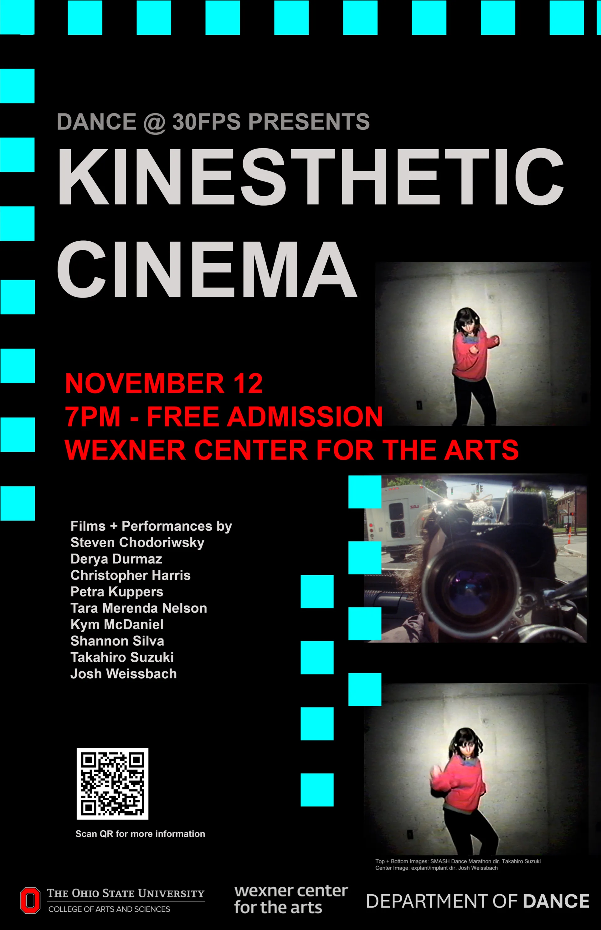 Graphic text with photos of dancers and someone using a camera