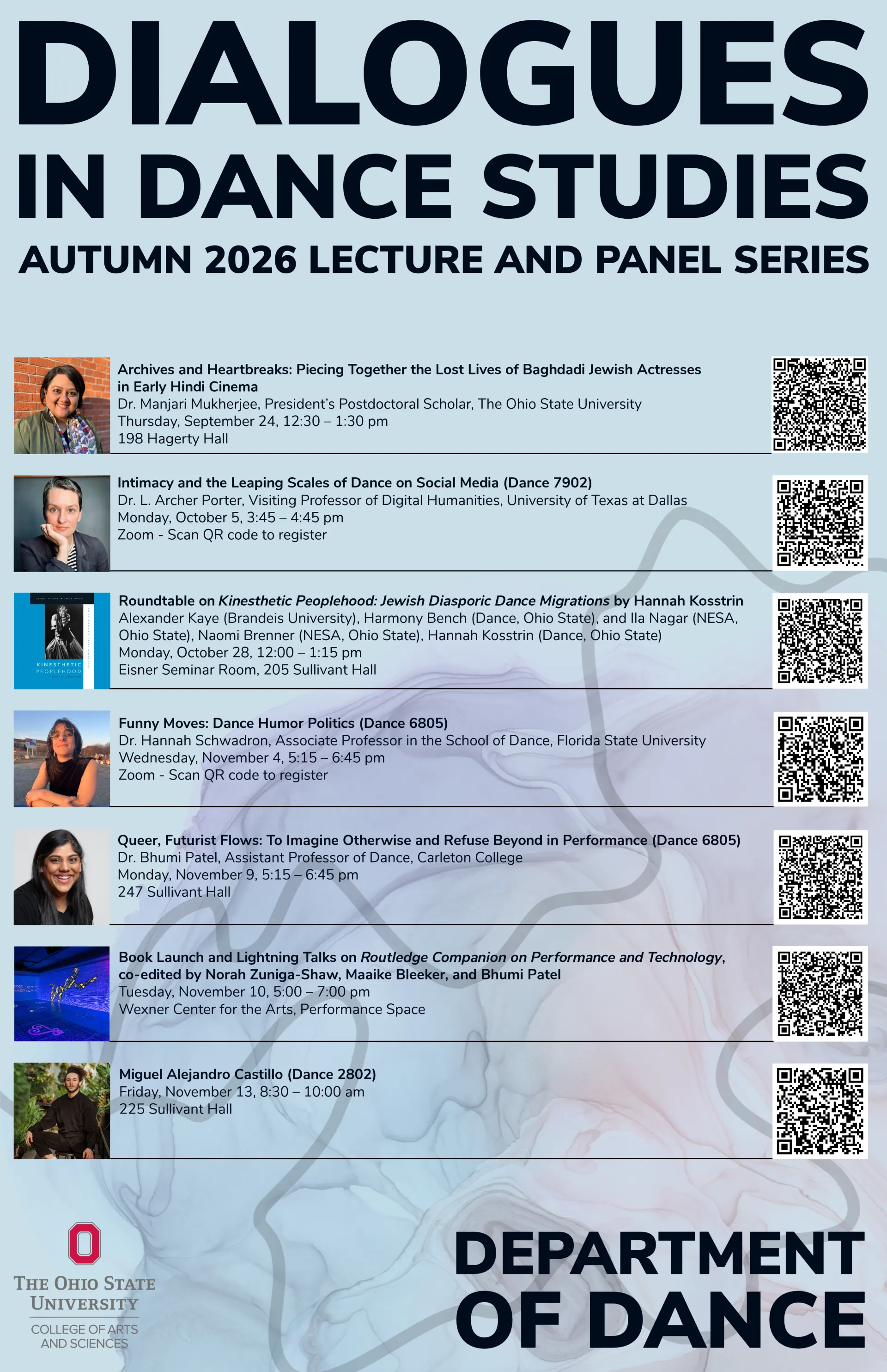 Poster with headshots of speakers and QR codes for their events