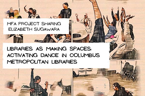 Cartoon drawings of a dancer in a library