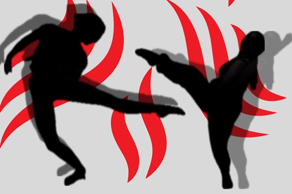 Black silhouettes of dancers in front of curved red lines