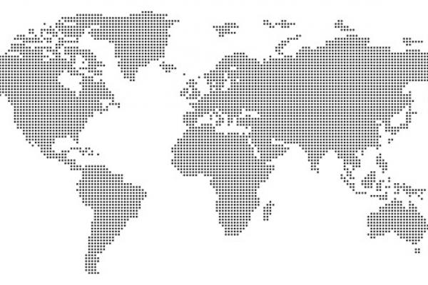 A dotted, grayscale image of the world map.