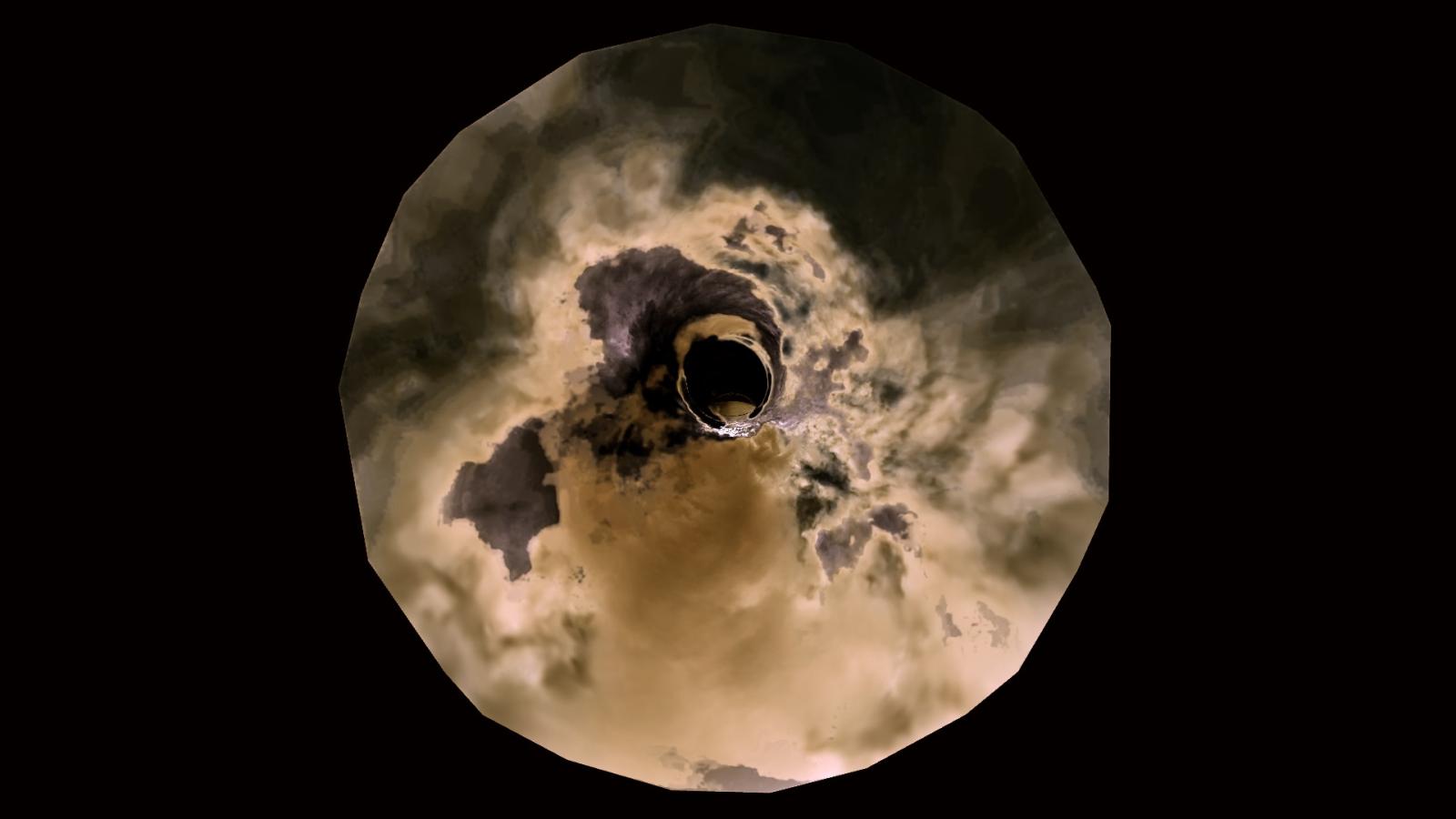 A 360 animated and glitched image of a landscape. The image forms a circle in the middle of the frame. A yellow sky and distorted clouds fill the orb.. 