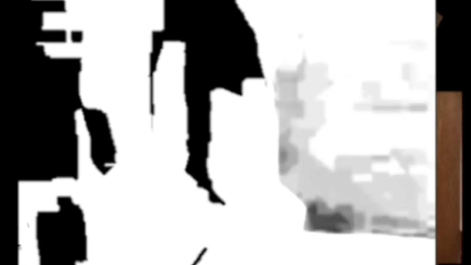 A fragmented black and white image of a photograph that has been distorted and digitally glitched.