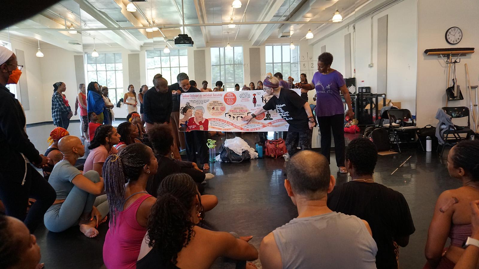 Dancers looking at a large banner