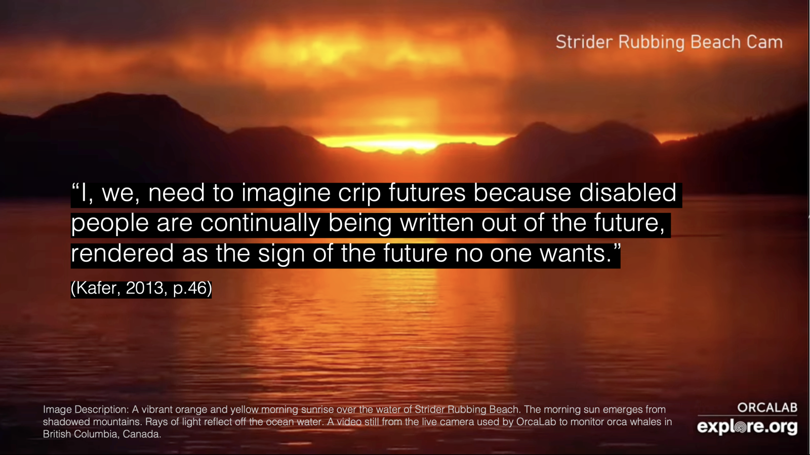 Graphic text overlaying the sun over a body of water