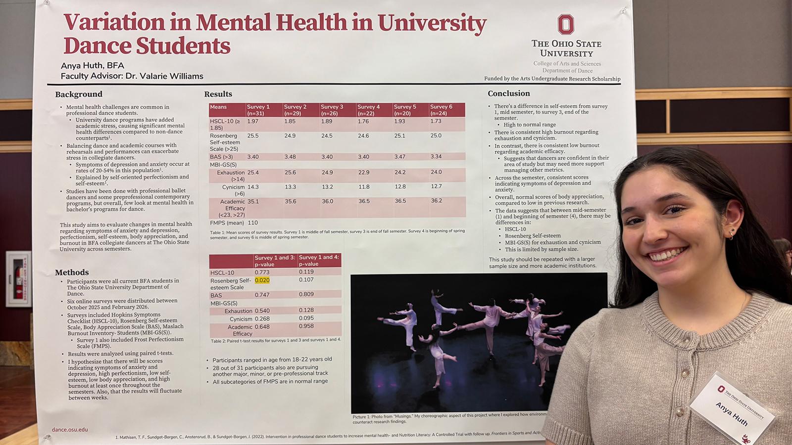 Woman standing next to a poster