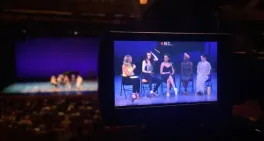 Jacob’s Pillow scholar-in-residence, Janet Schroeder, in conversation with Michelle Dorrance, Hannah Heller, Josette Wiggan-Freund and Melinda Sullivan on stage in the Ted Shawn Theatre after a performance by Dorrance Dance. Photo credit: Amber Schmiesin