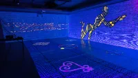 Blue digital background with digital image of dancer on the screen